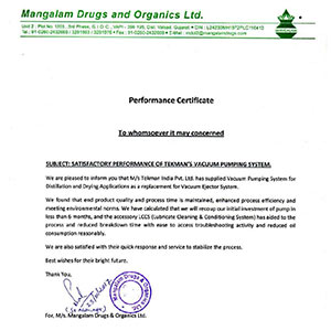 Performance Certificate - Mangalam Drugs & Organics Ltd.
